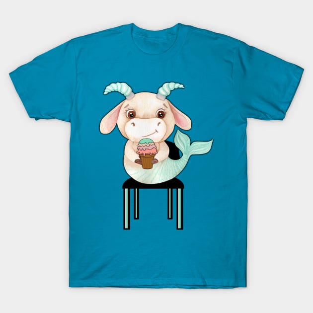 Kawaii Capricorn sitting on a chair and eating ice cream. Cute Capricorn gift idea T-Shirt by alcoshirts